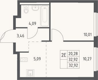 Планировка: 2-к, 32,9 м²