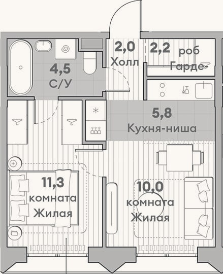 Планировка: 2-к, 35,8 м²