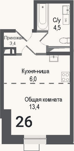 Планировка: Студия, 27 м²