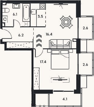 Планировка: 2-к, 49,6 м²