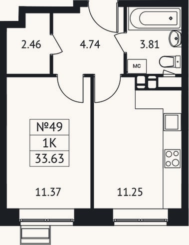 Планировка: 1-к, 33,6 м²