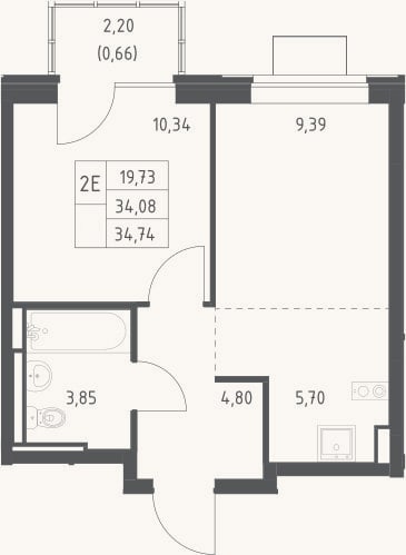 Планировка: 2-к, 34,1 м²