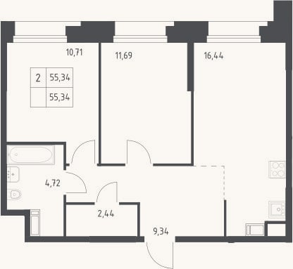 Планировка: 2-к, 55,3 м²