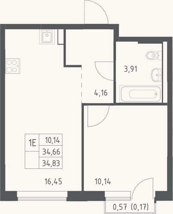 Планировка: 2-к, 34,7 м²