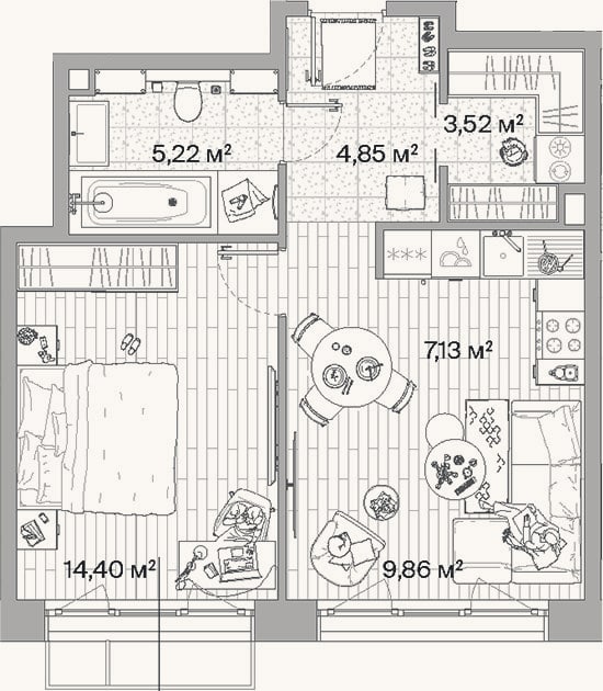 Планировка: 2-к, 45 м²