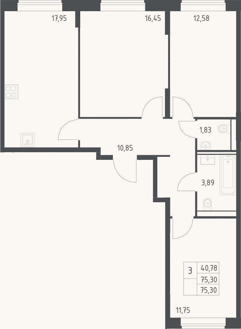 Планировка: 3-к, 75,3 м²