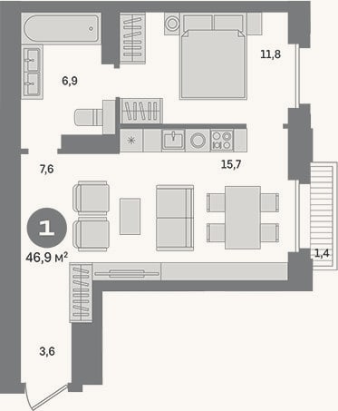 Планировка: 1-к, 45,5 м²