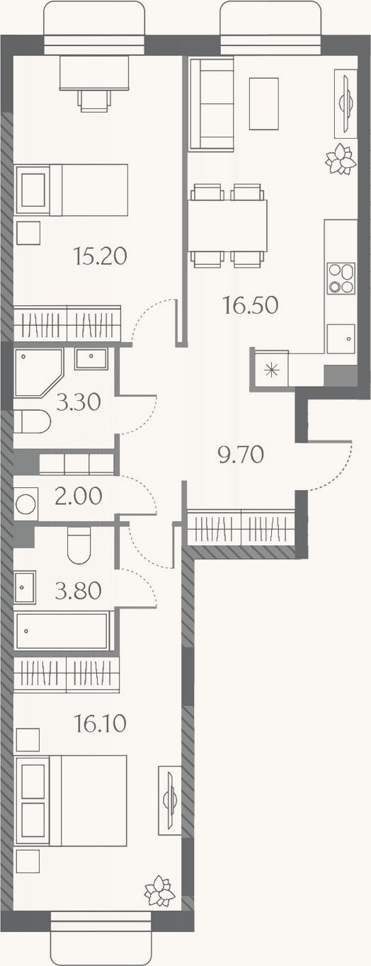 Планировка: 3-к, 66,6 м²