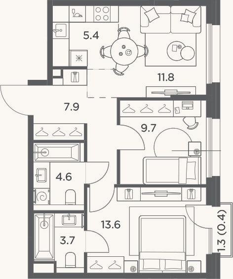 Планировка: 3-к, 56,7 м²