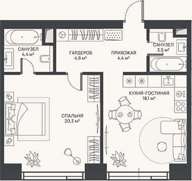 Планировка: 2-к, 55,3 м²