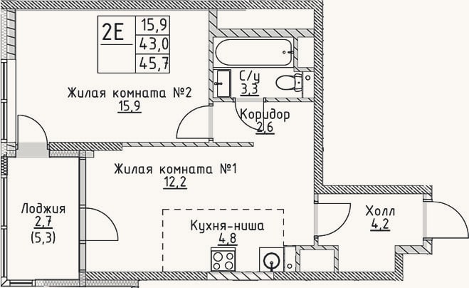 Планировка: 2-к, 43 м²