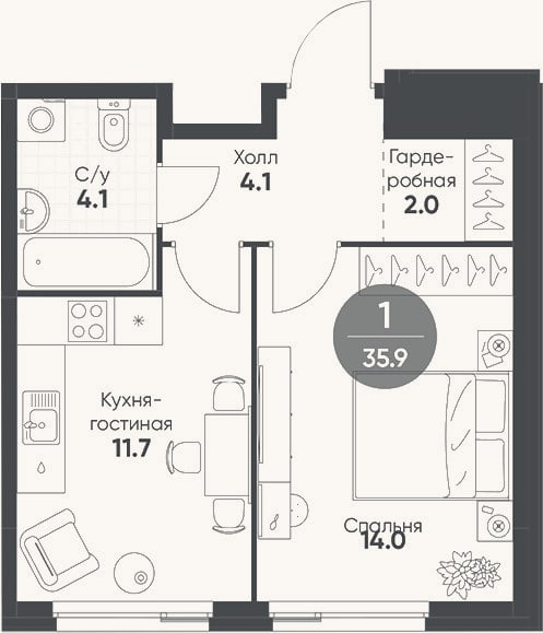 Планировка: 2-к, 35,9 м²