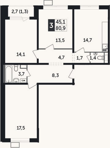 Планировка: 3-к, 79,7 м²