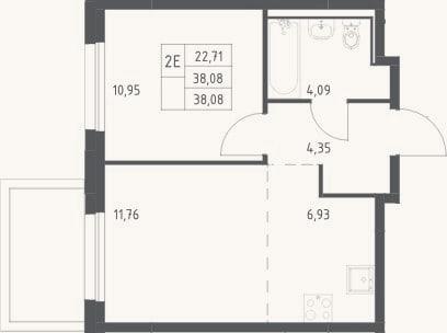 Планировка: 2-к, 38,1 м²