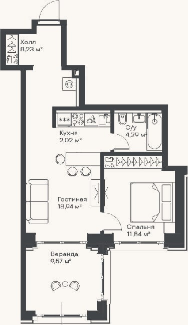 Планировка: 2-к, 45,3 м²