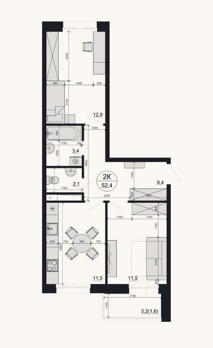 Планировка: 2-к, 50,8 м²