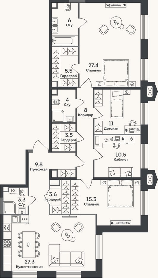 Планировка: 4+ к, 135,2 м²