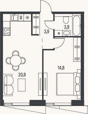 Планировка: 2-к, 43,4 м²