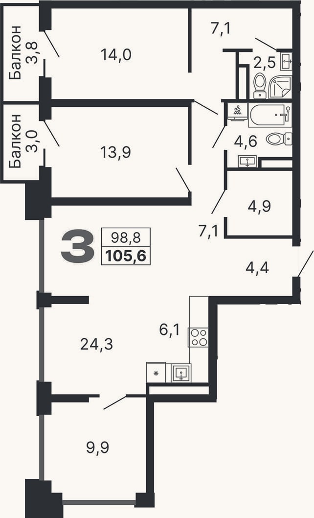 Планировка: 4+ к, 98,8 м²