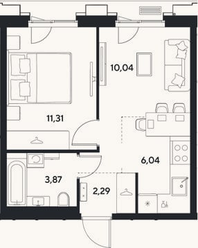 Планировка: 2-к, 33,6 м²