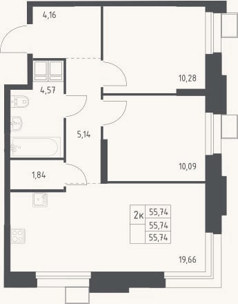 Планировка: 3-к, 55,7 м²