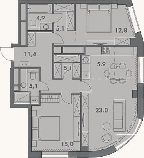 Планировка: 3-к, 88,3 м²