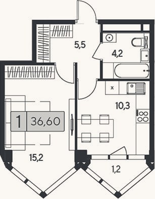 Планировка: 1-к, 35,4 м²