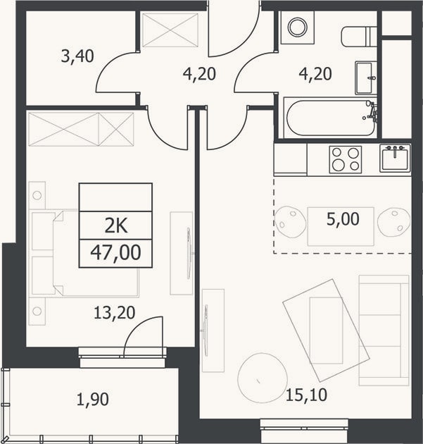 Планировка: 2-к, 45,1 м²