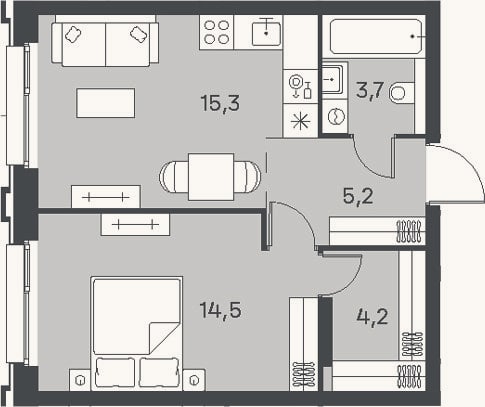Планировка: 2-к, 42,9 м²
