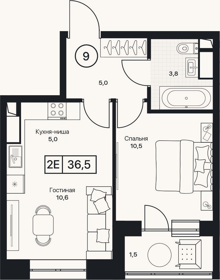 Планировка: 2-к, 35 м²