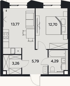 Планировка: 1-к, 39,8 м²
