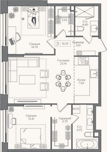 Планировка: 3-к, 81,4 м²