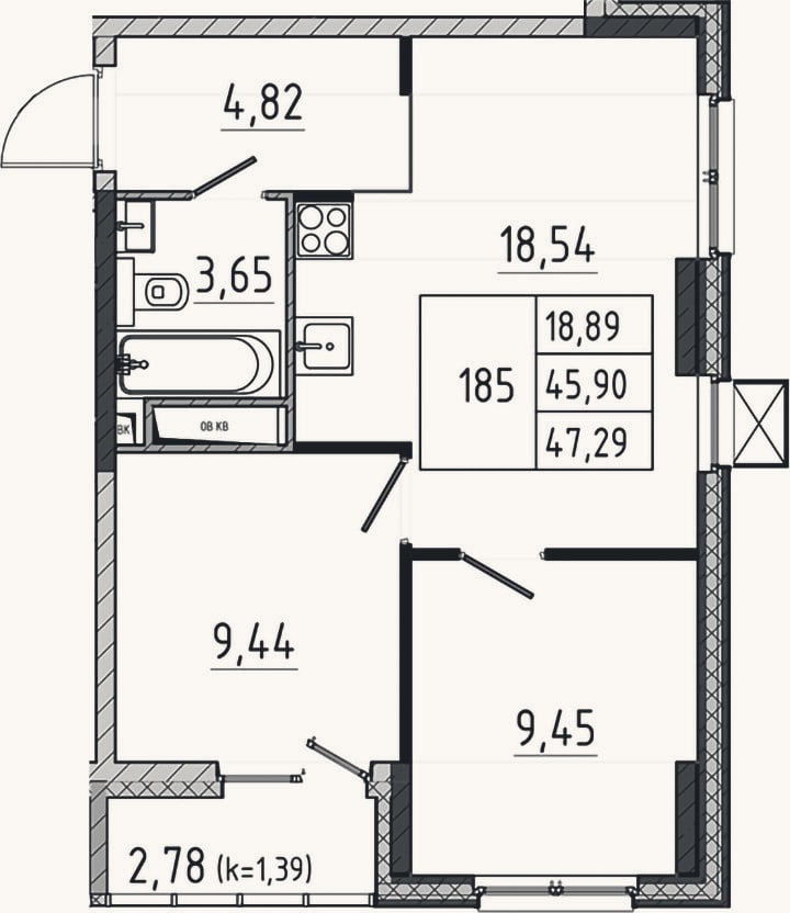 Планировка: 3-к, 45,9 м²