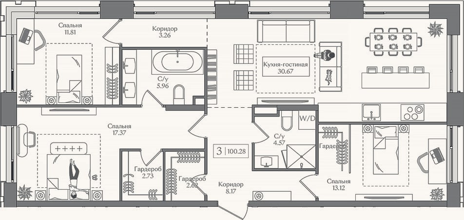 Планировка: 4+ к, 100,3 м²
