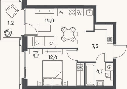 Планировка: 2-к, 38,5 м²