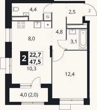Планировка: 2-к, 45,5 м²