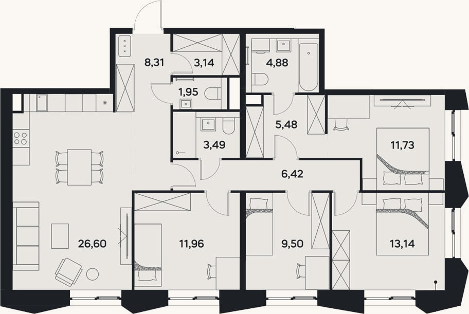 Планировка: 4+ к, 106,6 м²