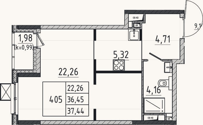 Планировка: Студия, 36,5 м²