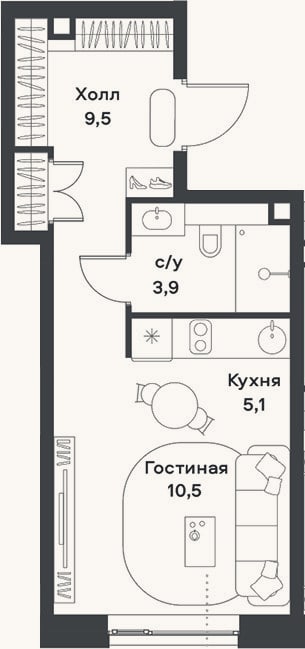 Планировка: Студия, 29 м²