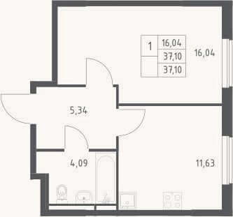 Планировка: 1-к, 37,1 м²