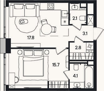 Планировка: 2-к, 45,6 м²