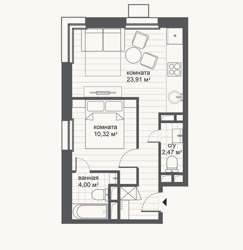 Планировка: 2-к, 40,7 м²