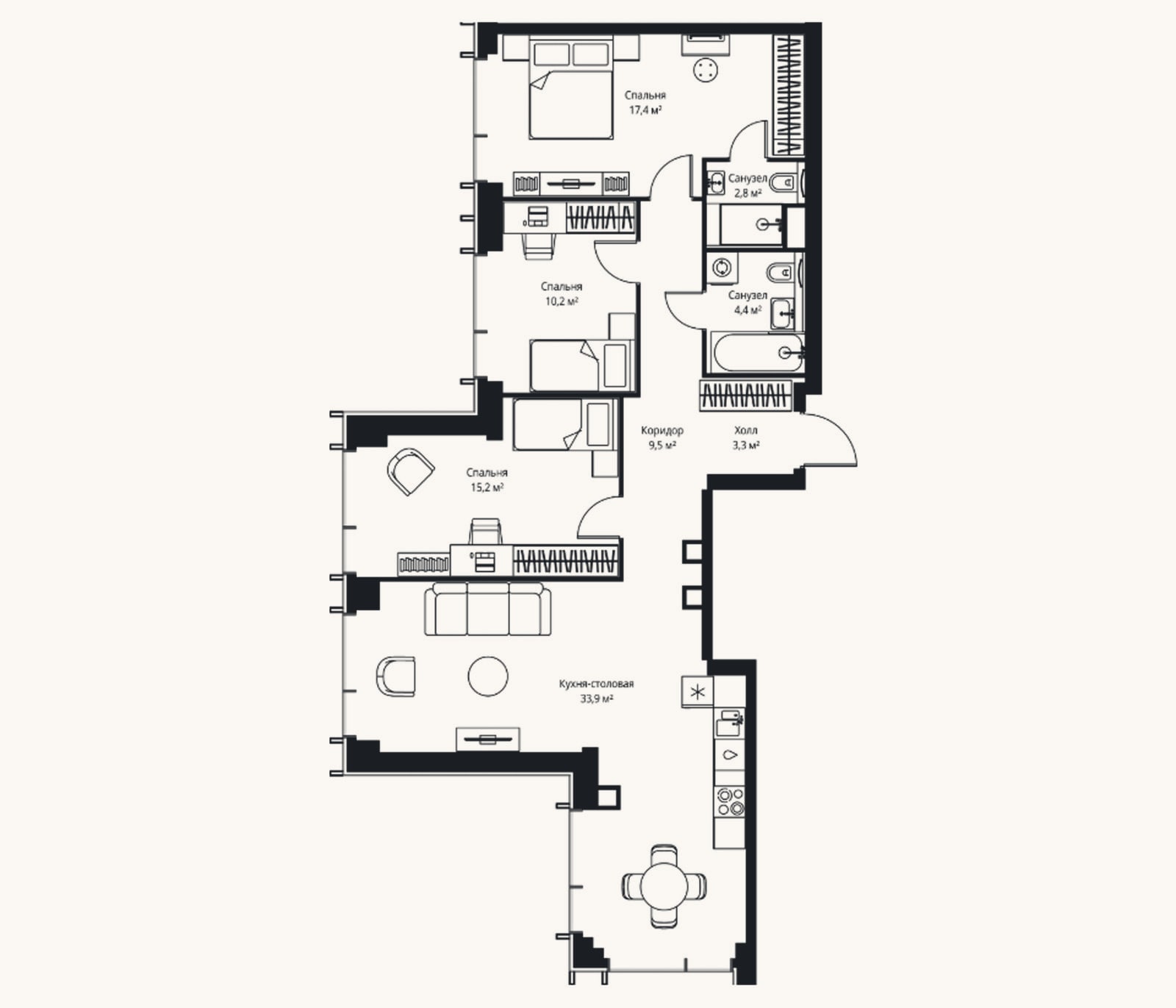 Планировка: 4+ к, 96,7 м²