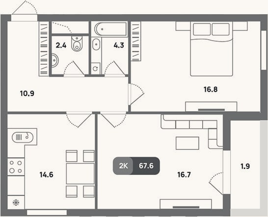 Планировка: 2-к, 65,7 м²