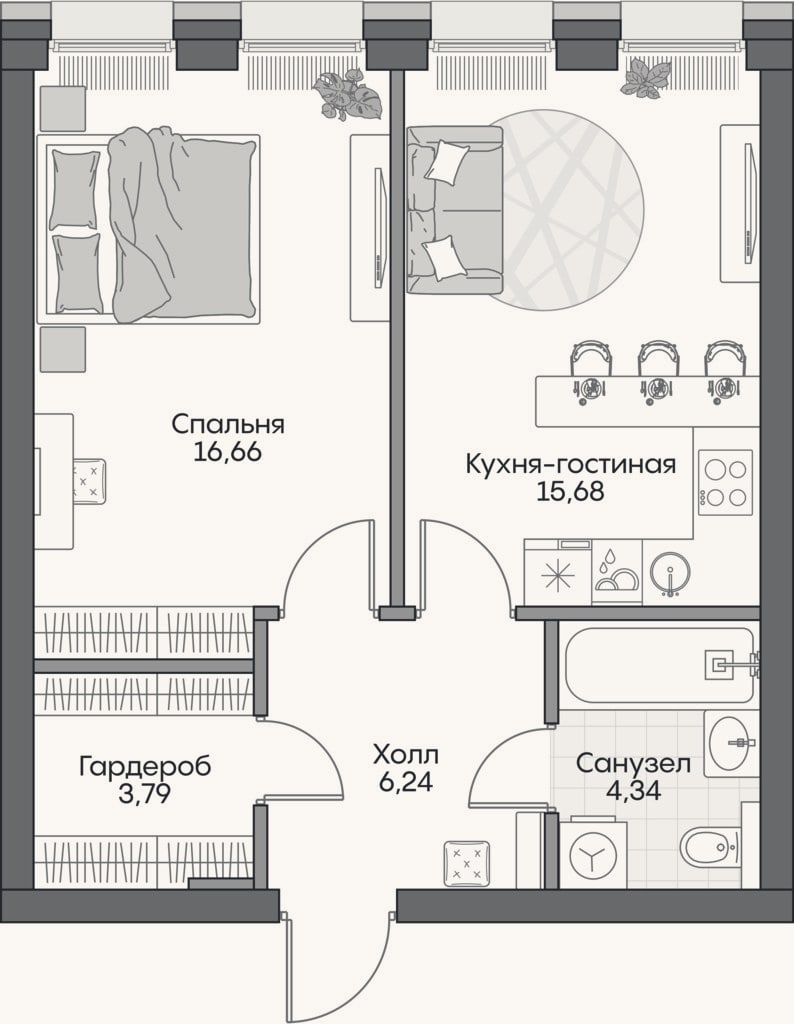 Планировка: 2-к, 46,2 м²