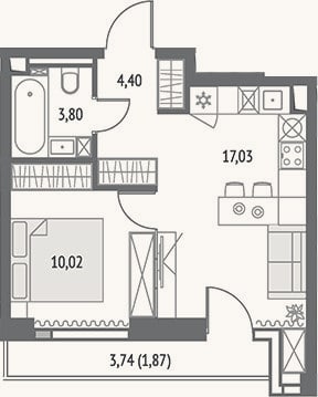Планировка: 2-к, 33,4 м²
