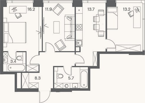 Планировка: 3-к, 72,4 м²