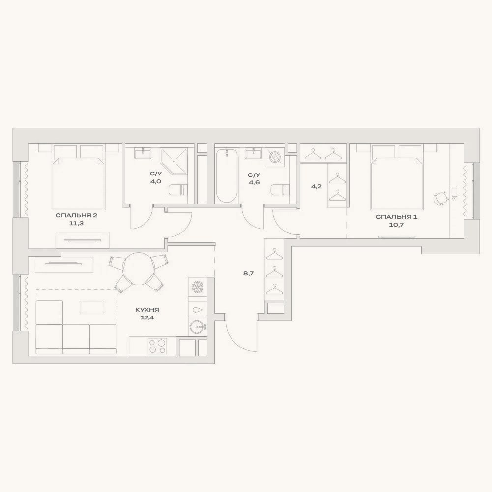 Планировка: 3-к, 60,9 м²
