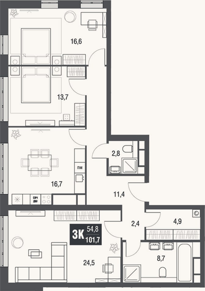 Планировка: 3-к, 101,8 м²