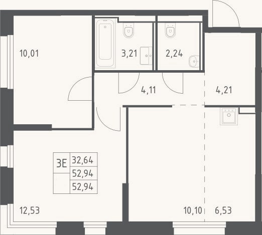 Планировка: 3-к, 52,9 м²